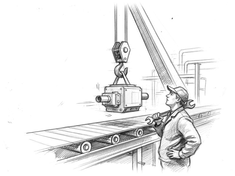 Pencil sketch of a crane lowering a machine onto a conveyor line as a mechanic watches