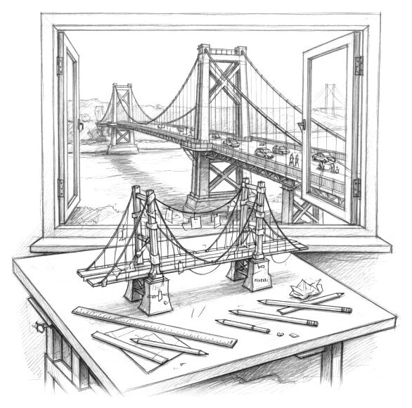 Pencil sketch of a taped-together model bridge on a drafting table, with the real bridge carrying traffic outside the window
