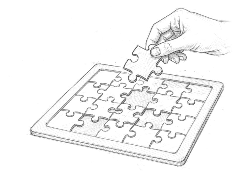 Pencil sketch of a hand holding a jigsaw piece over a puzzle board