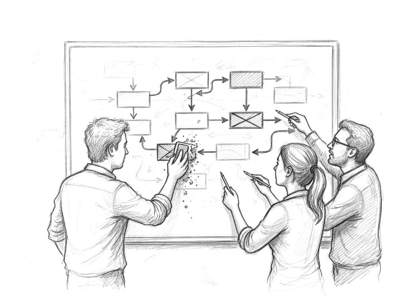 Pencil sketch of three people redrawing a workflow on a whiteboard
