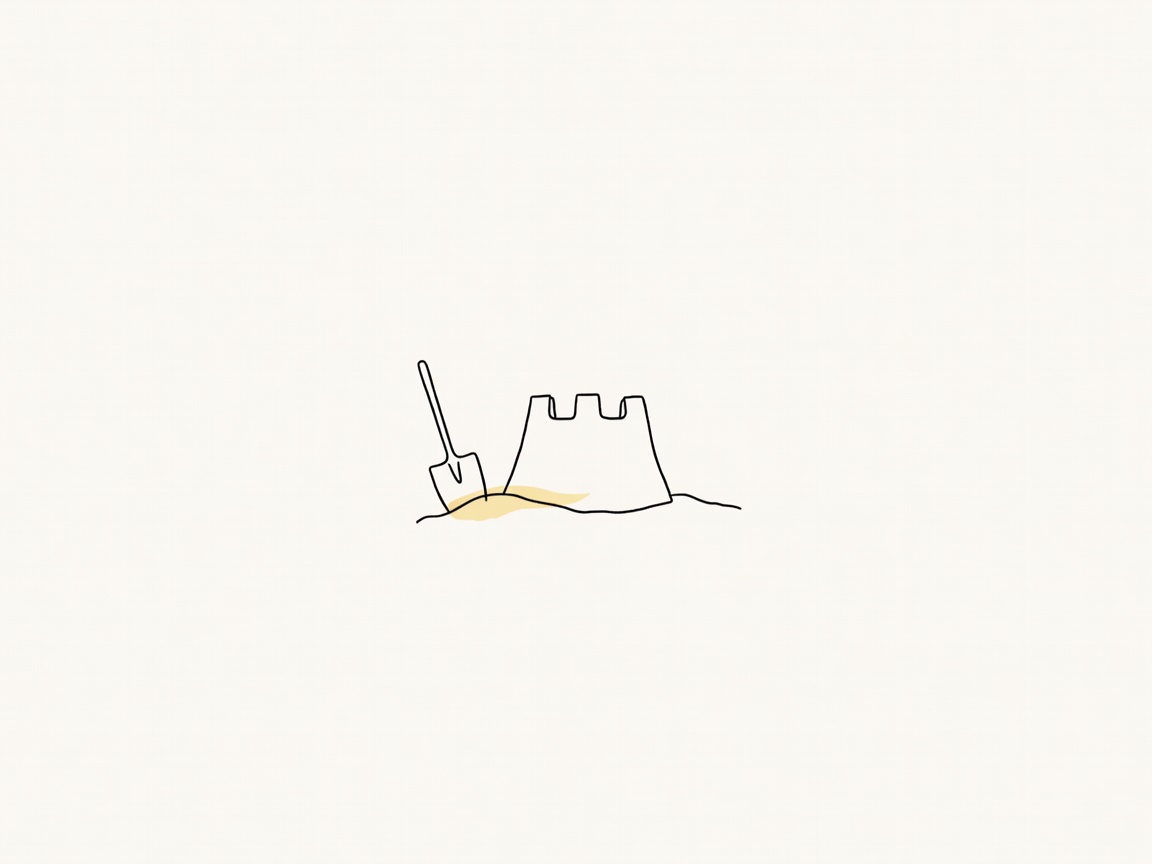 Simple pen sketch of a small one-tower sandcastle with a toy shovel stuck in the sand beside it, with a patch of yellow sand.